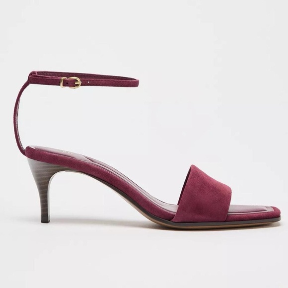 NWT Zara Suede Leather Kitten Heel Sandals in Burgundy - 6.5